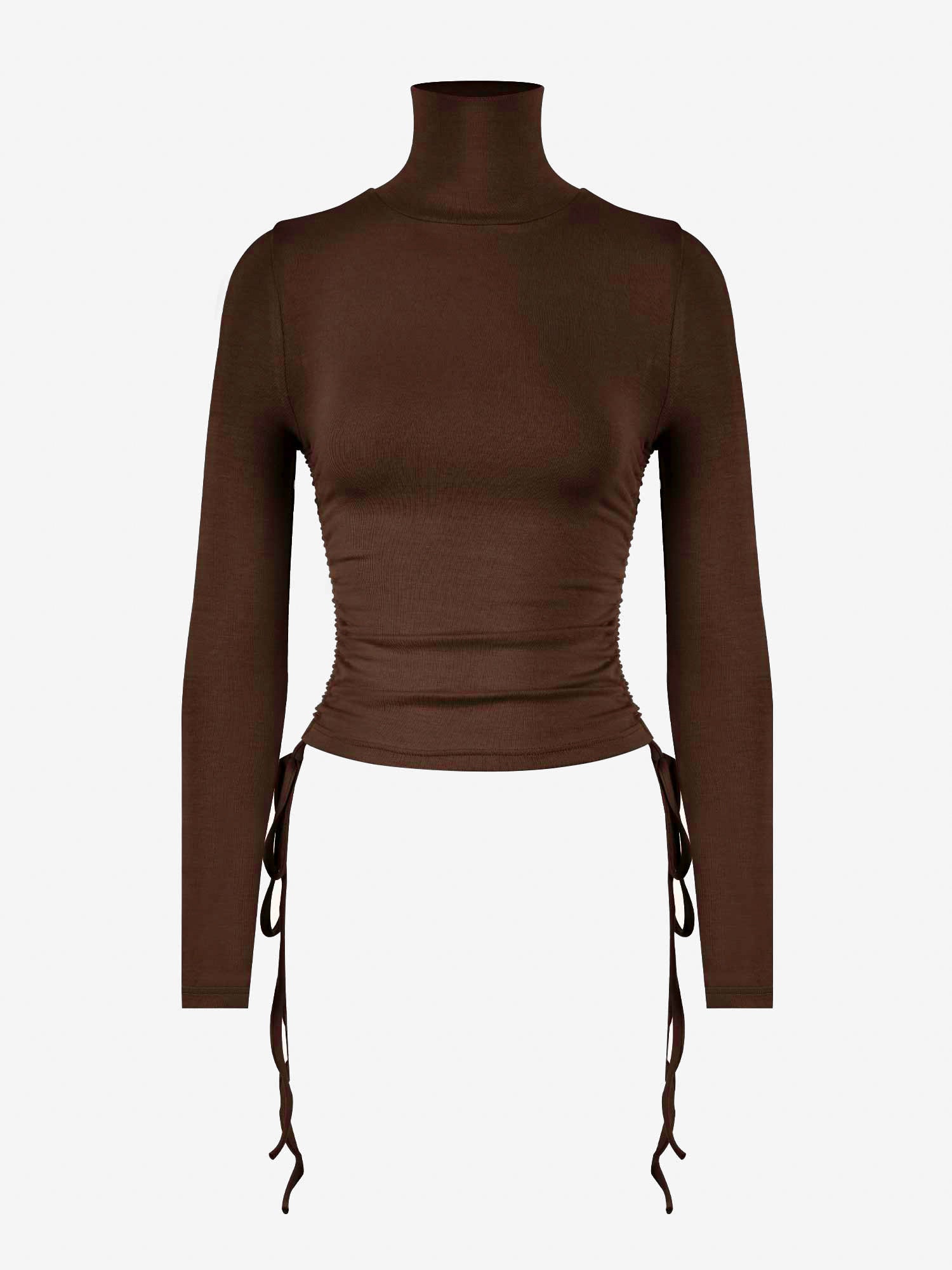 Side Drawstrings Mock Neck Long Sleeve Top