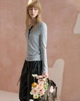 Floral Lettuce-Trim Henley Top