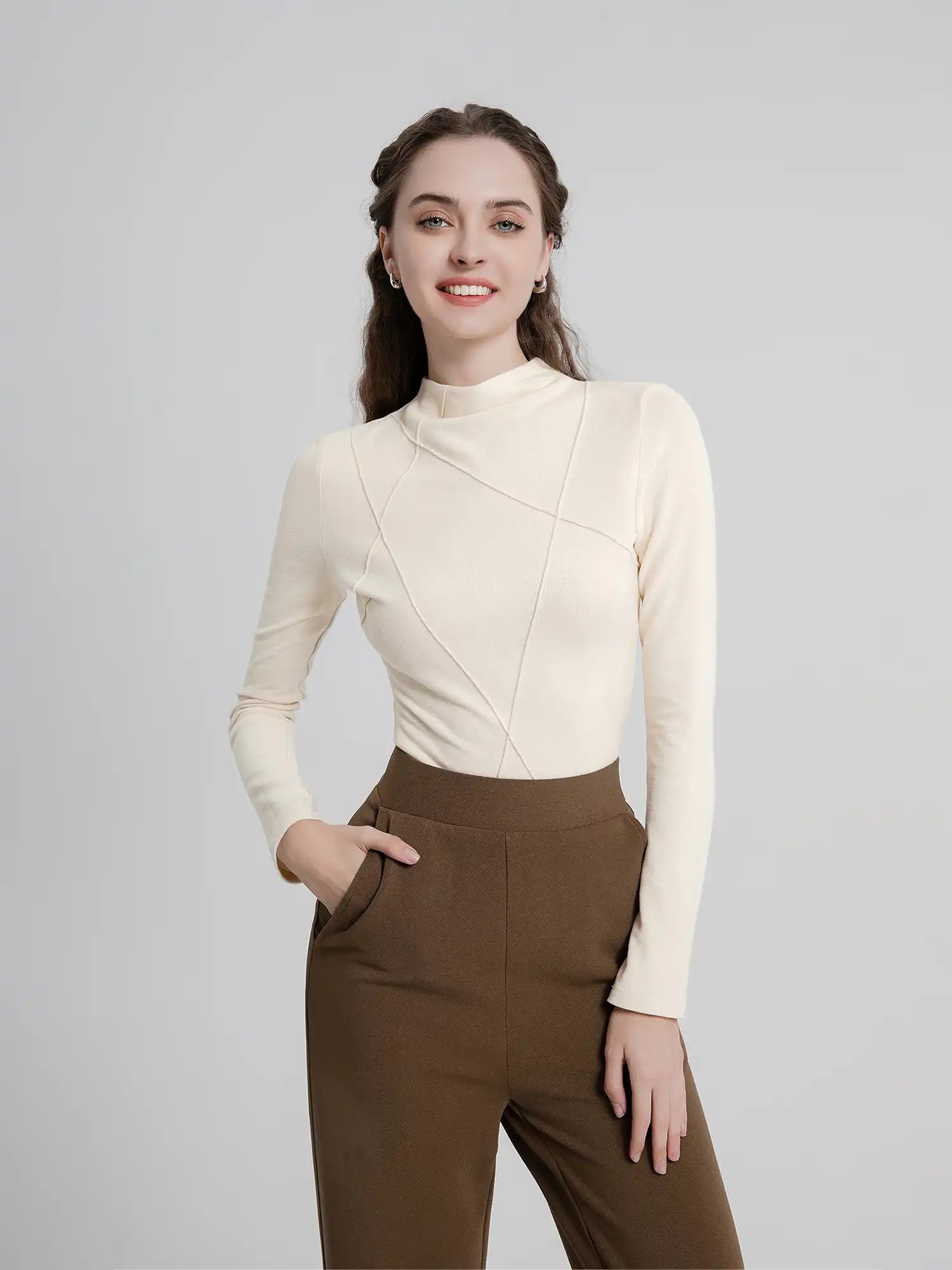 Thermal Mock Neck Irregular Line Bottoming Top