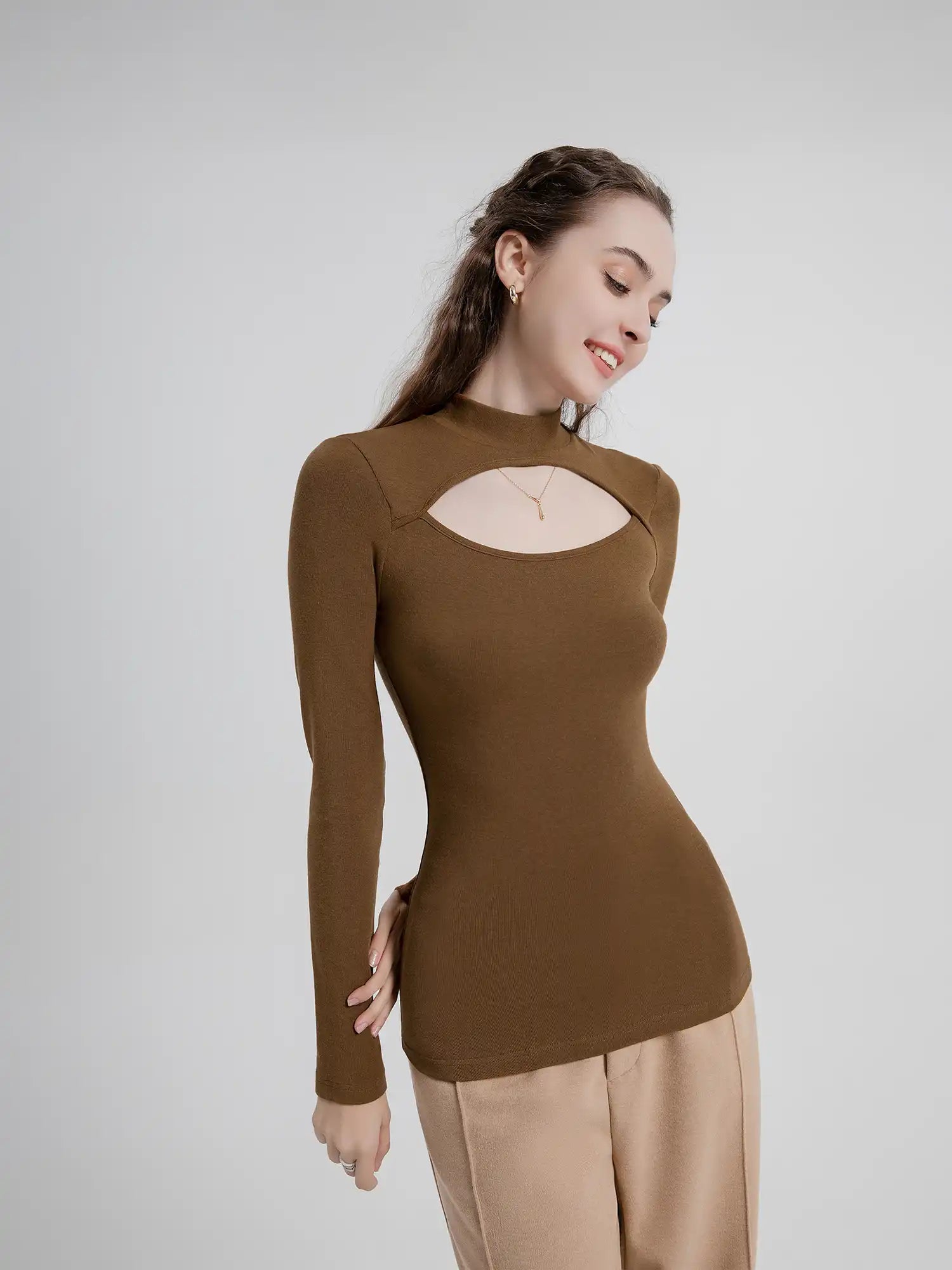 Thermal Mock Neck Hollow Chest Top