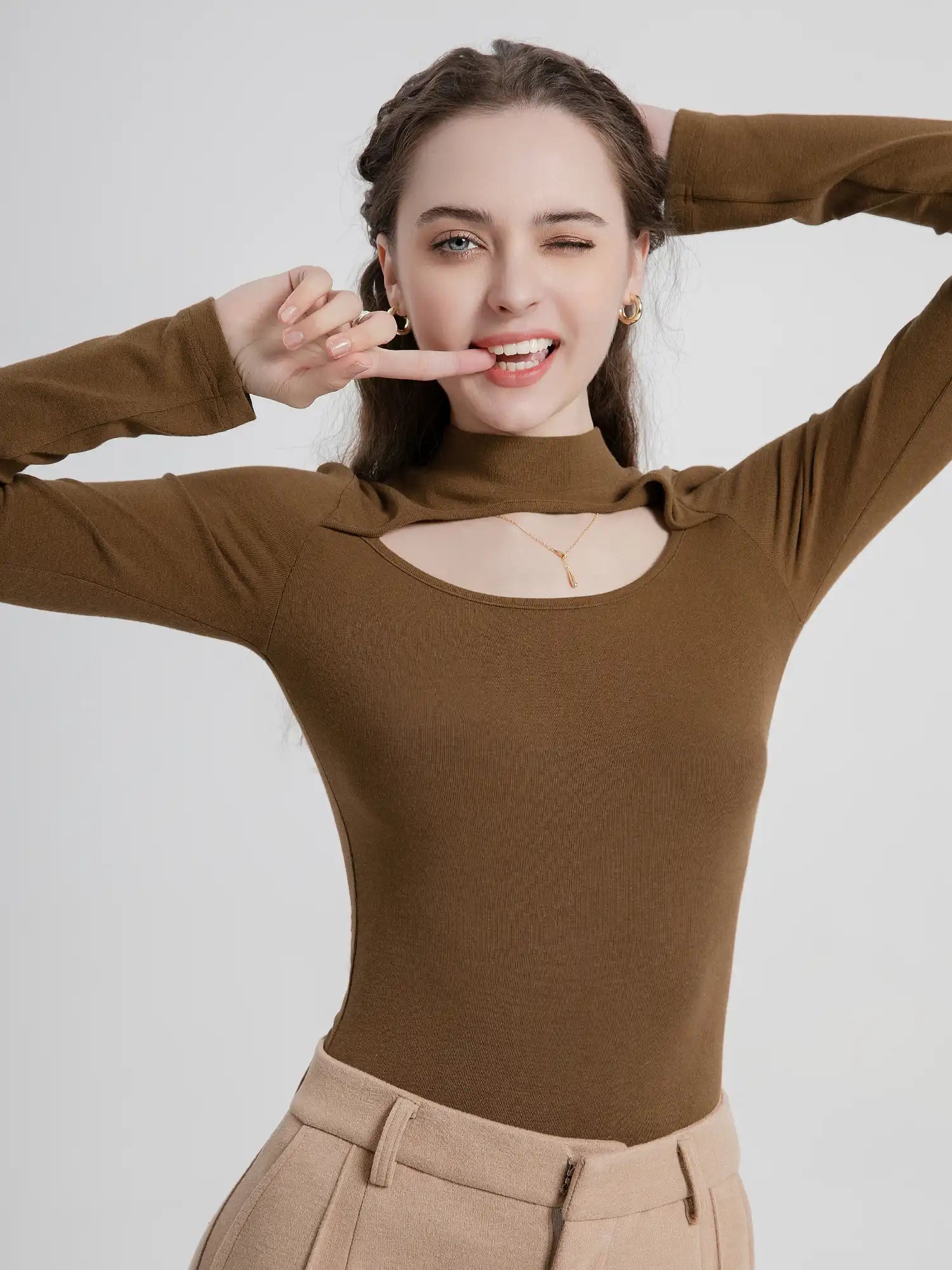 Thermal Mock Neck Hollow Chest Top