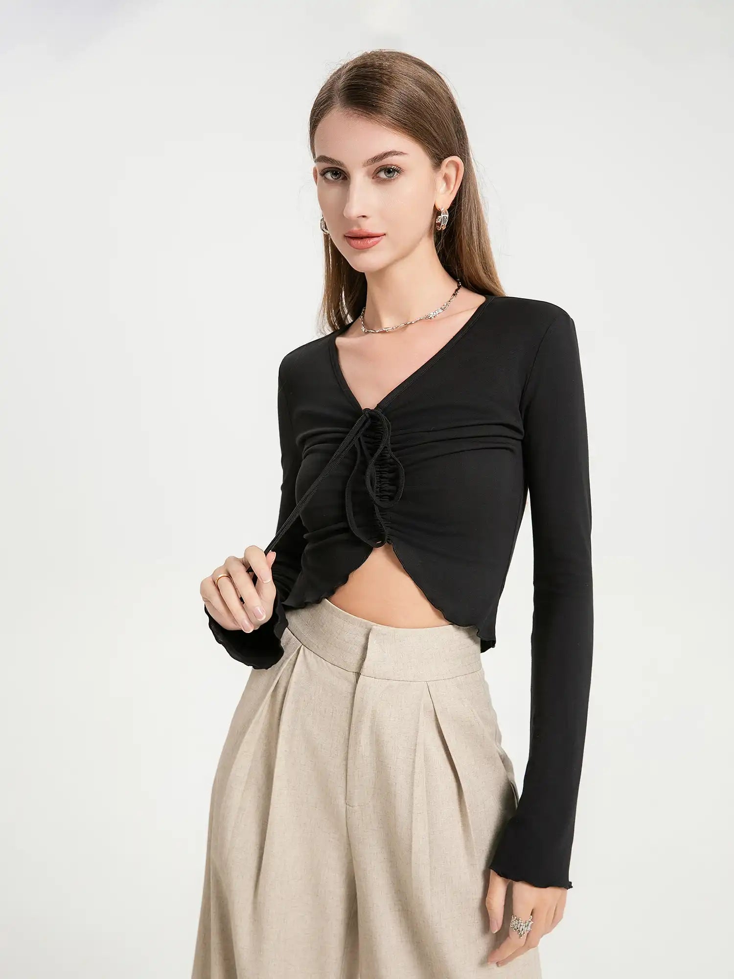 V-neck drawstring ruffled sides top