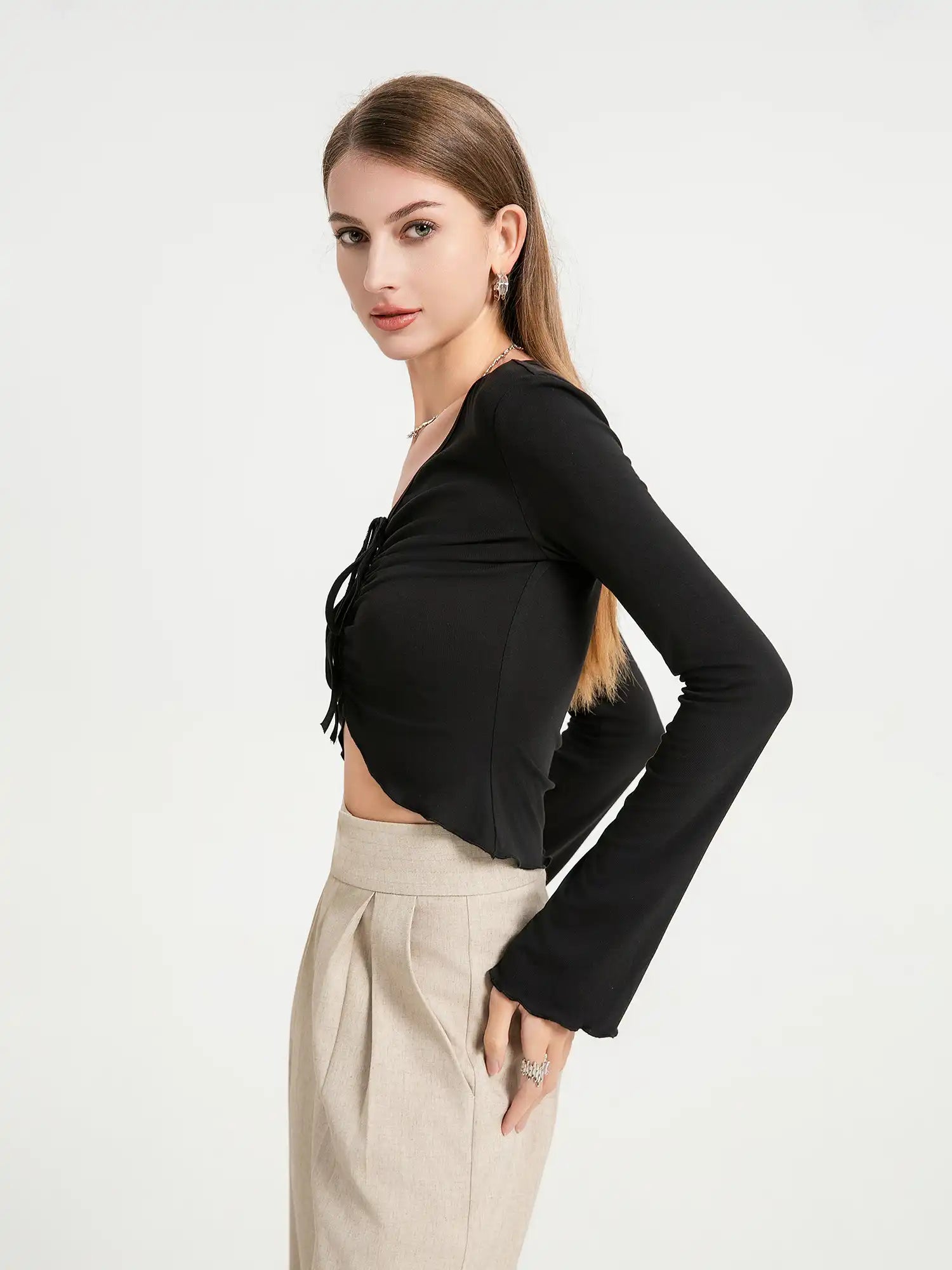 V-neck drawstring ruffled sides top