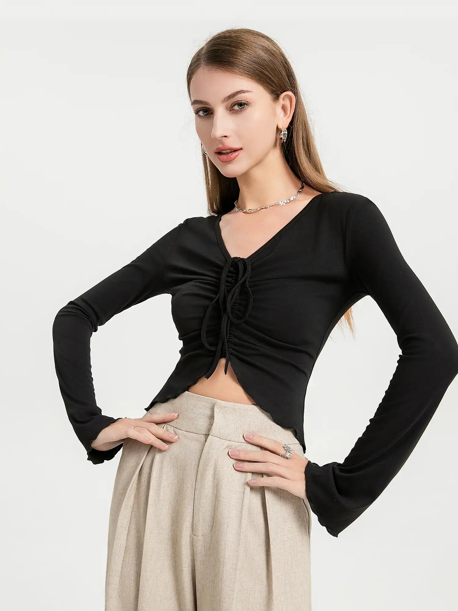 V-neck drawstring ruffled sides top