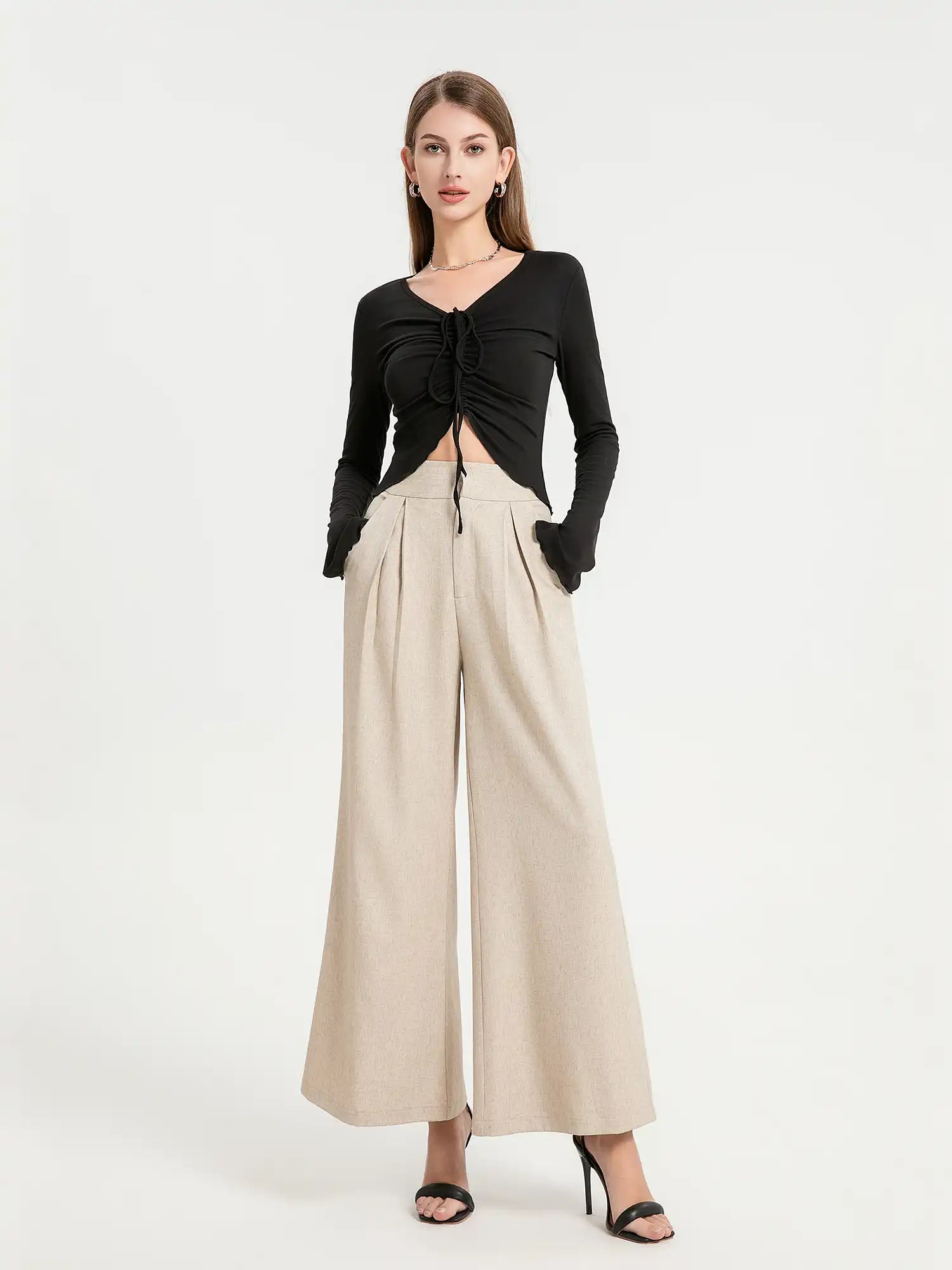 V-neck drawstring ruffled sides top