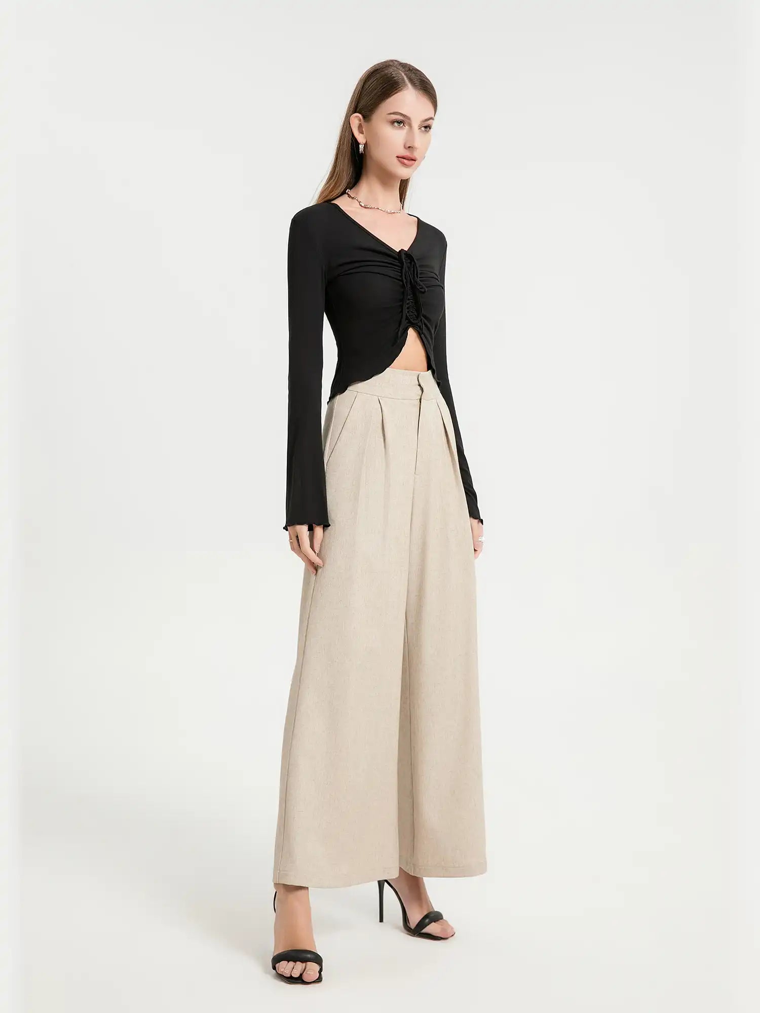 V-neck drawstring ruffled sides top