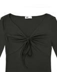 Drawstring Ruched Front V-Neck Long Sleeve Top