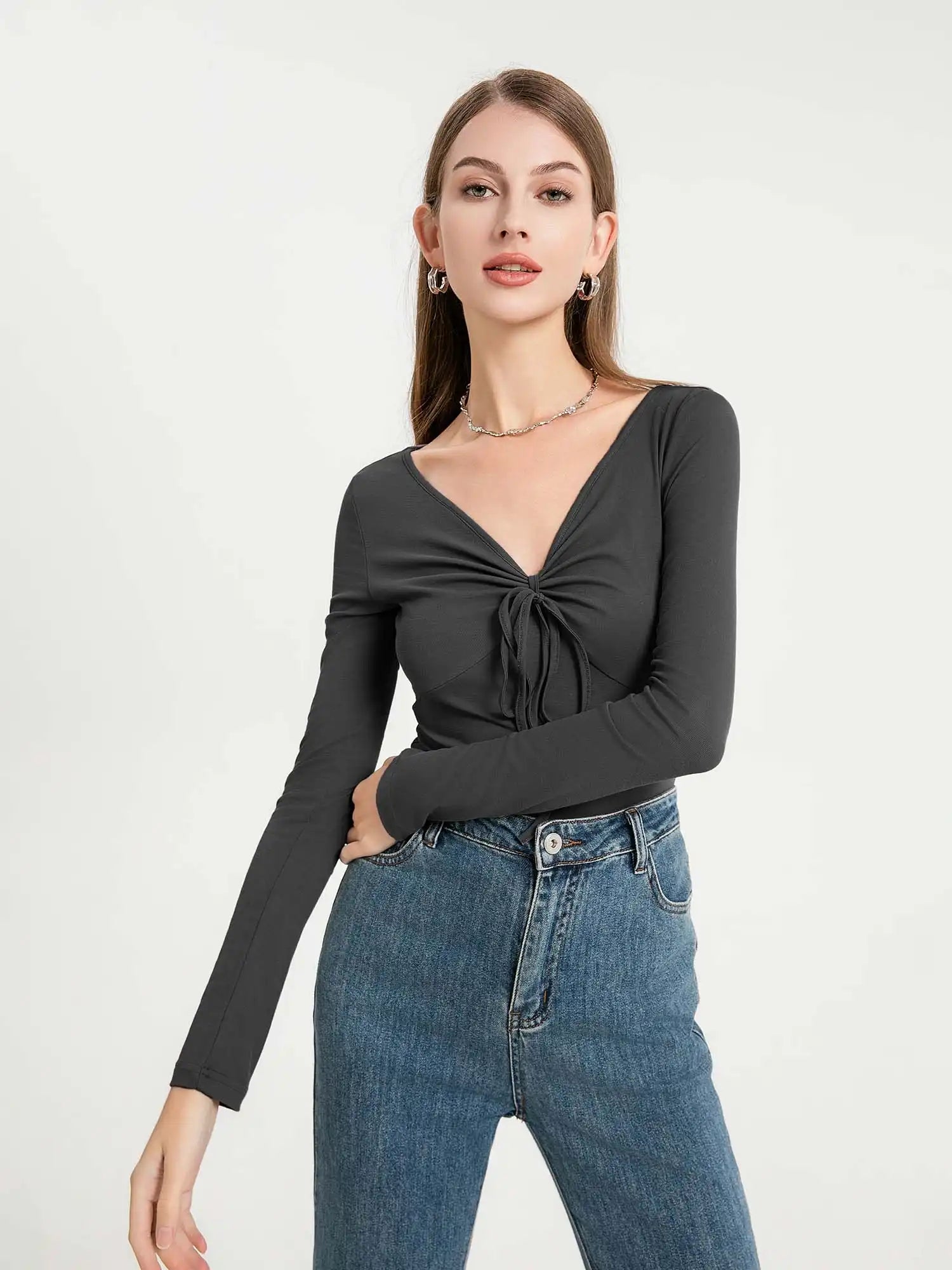 Drawstring Ruched Front V-Neck Long Sleeve Top