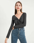 Drawstring Ruched Front V-Neck Long Sleeve Top