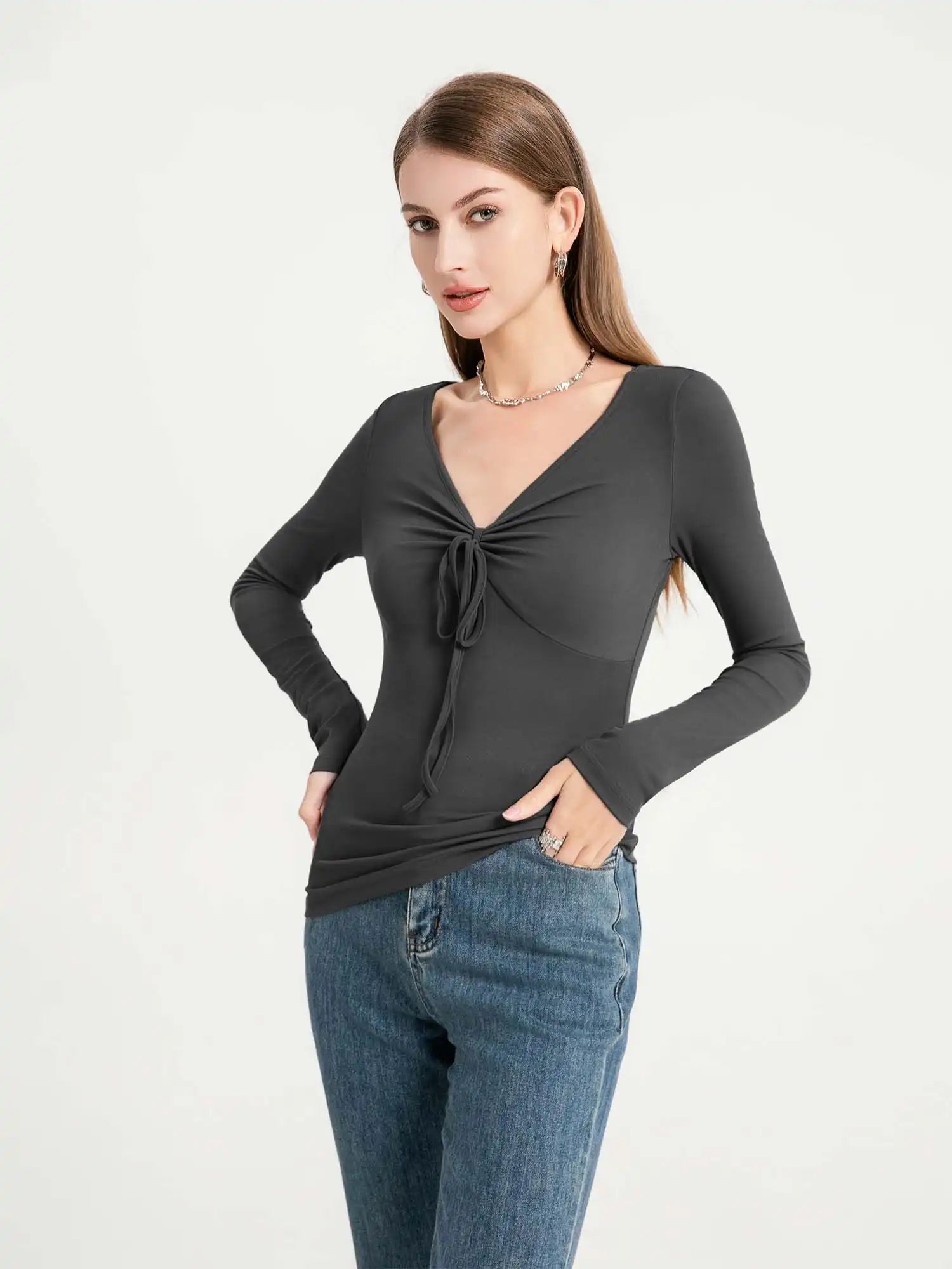 Drawstring Ruched Front V-Neck Long Sleeve Top