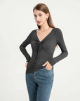 Drawstring Ruched Front V-Neck Long Sleeve Top