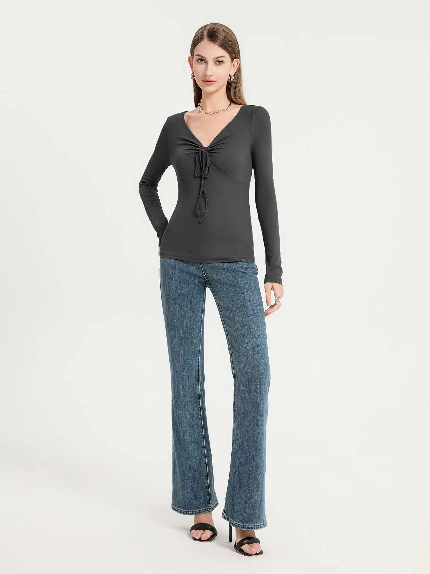 Drawstring Ruched Front V-Neck Long Sleeve Top