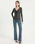 Drawstring Ruched Front V-Neck Long Sleeve Top