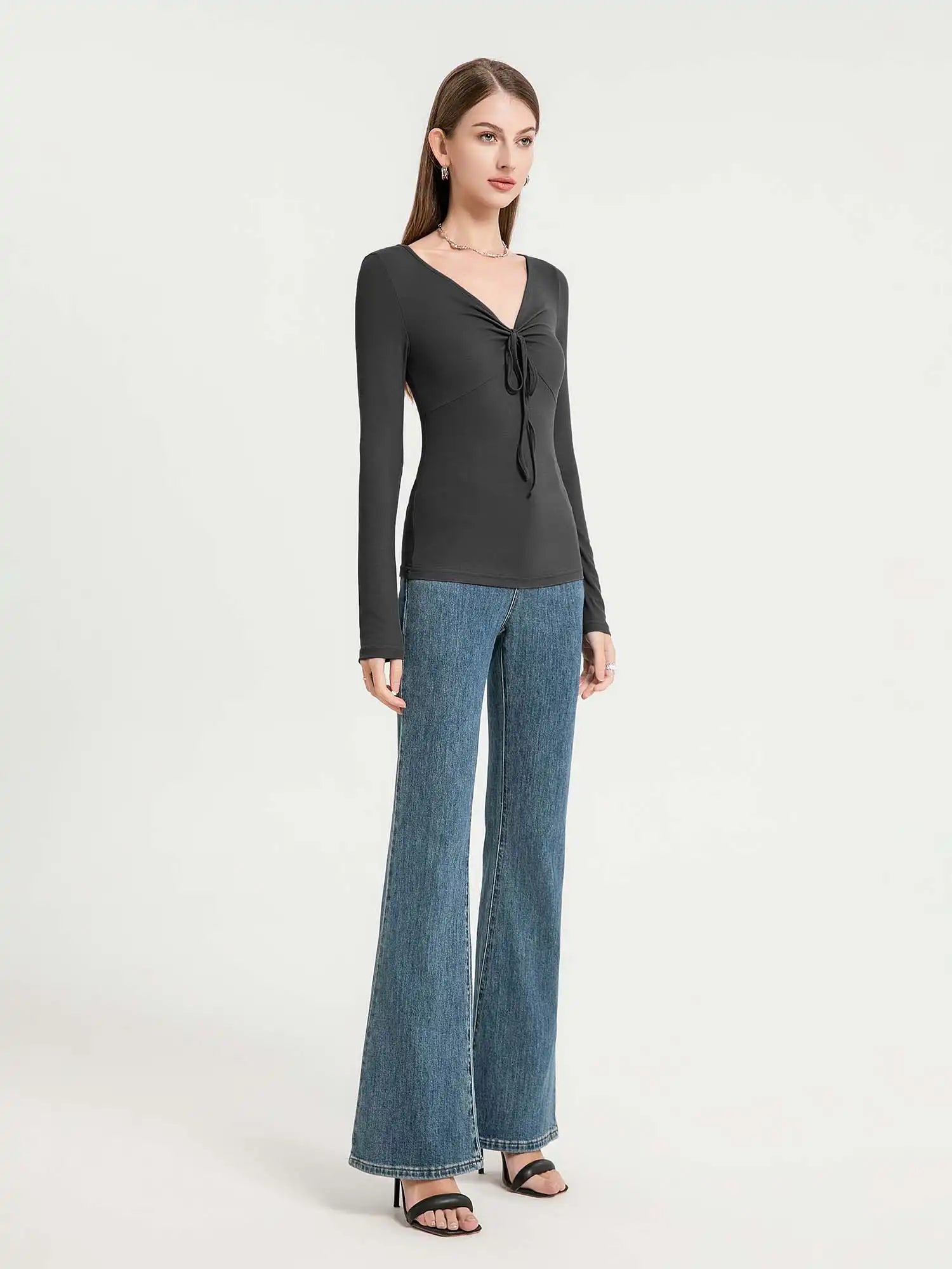 Drawstring Ruched Front V-Neck Long Sleeve Top