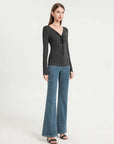 Drawstring Ruched Front V-Neck Long Sleeve Top