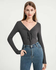 Drawstring Ruched Front V-Neck Long Sleeve Top