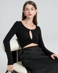 Ruched Hem Hollow Chest Long Sleeve Top