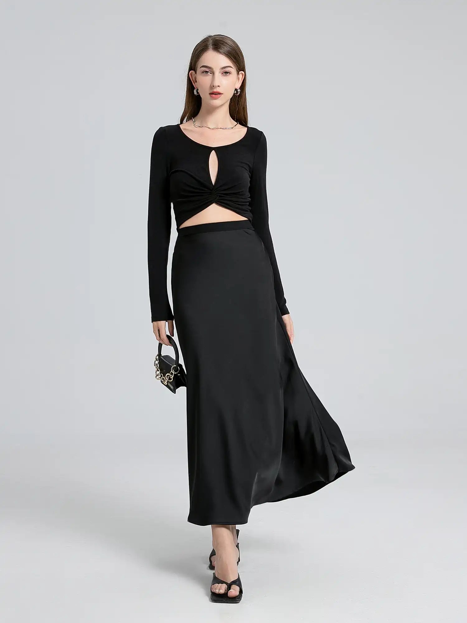 Ruched Hem Hollow Chest Long Sleeve Top