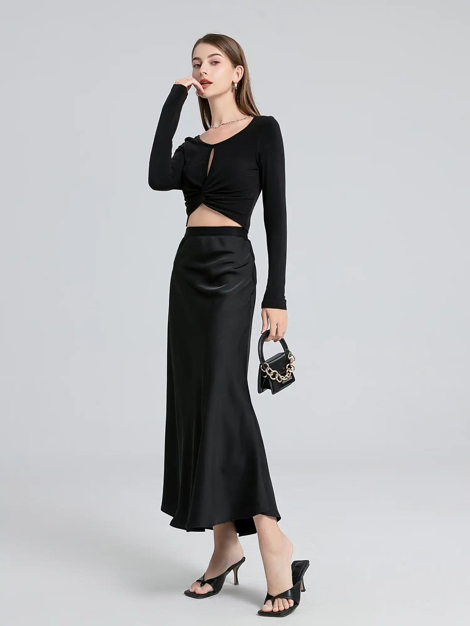 Ruched Hem Hollow Chest Long Sleeve Top
