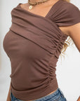 Ruched sides Asymmetric off-shoulder Short Sleeve top