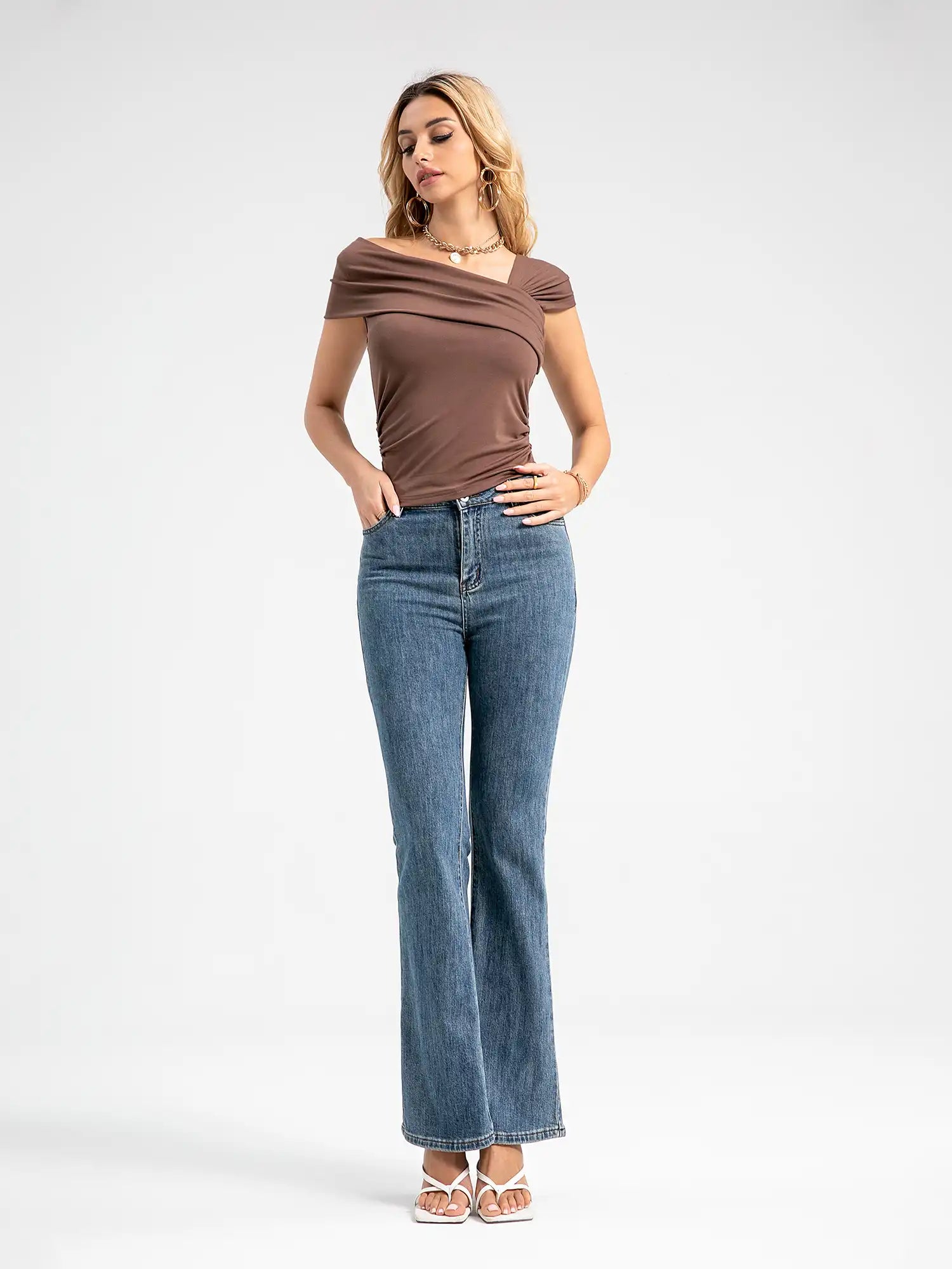Ruched sides Asymmetric off-shoulder Short Sleeve top