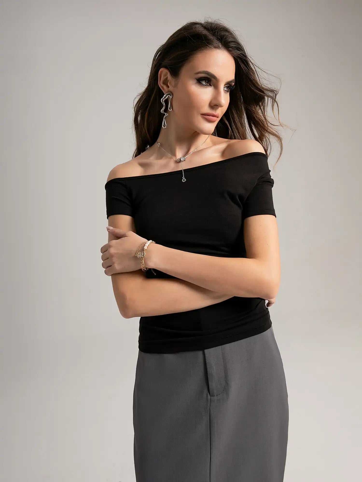 Ruched Sides Off-Shoulder Short Sleeve Top