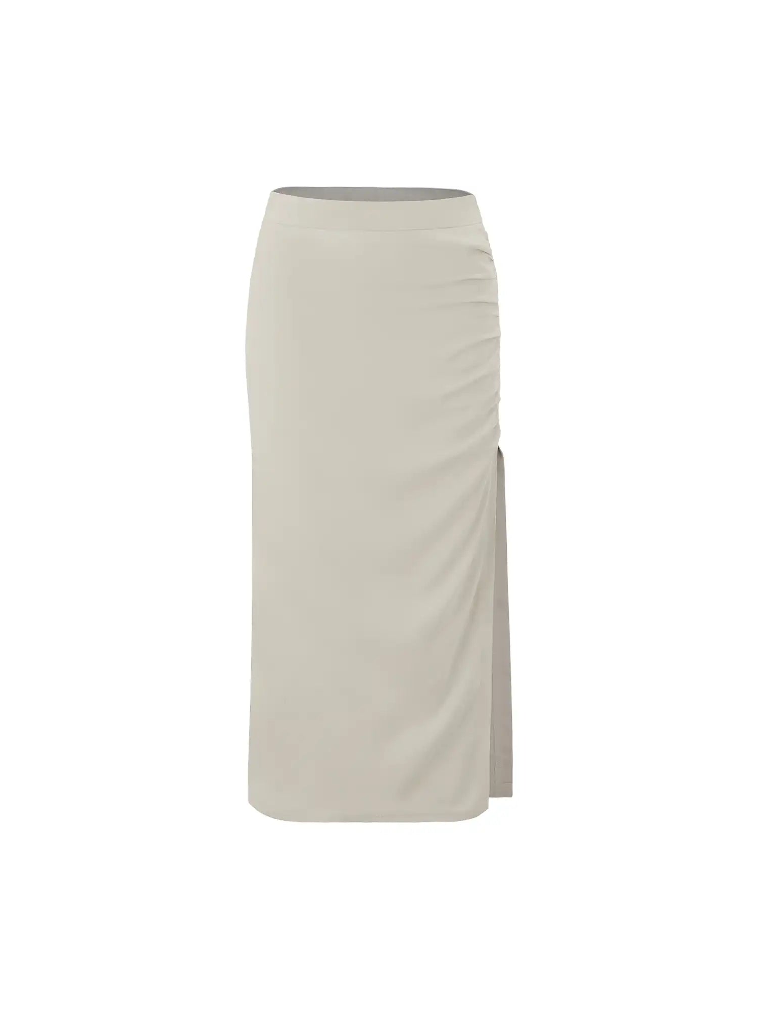 High Waist Ruched Sides Slit Midi Skirt