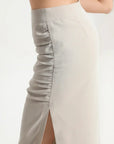 High Waist Ruched Sides Slit Midi Skirt