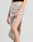 High Waist Ruched Sides Slit Midi Skirt