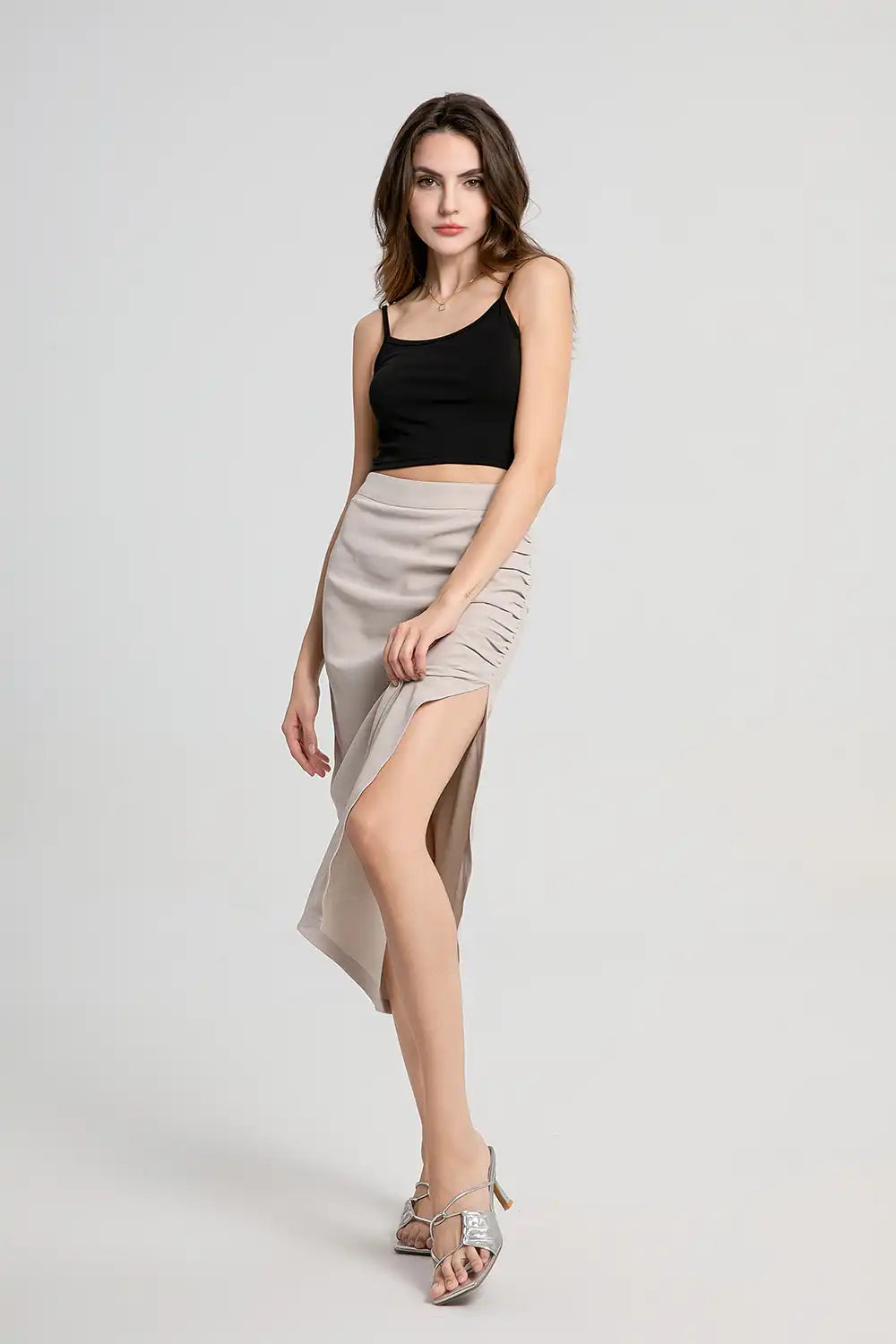 High Waist Ruched Sides Slit Midi Skirt