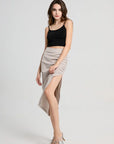 High Waist Ruched Sides Slit Midi Skirt