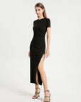 Round Neck Pleated Slit Side Short Sleeve Maxi Dress