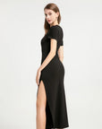 Round Neck Pleated Slit Side Short Sleeve Maxi Dress