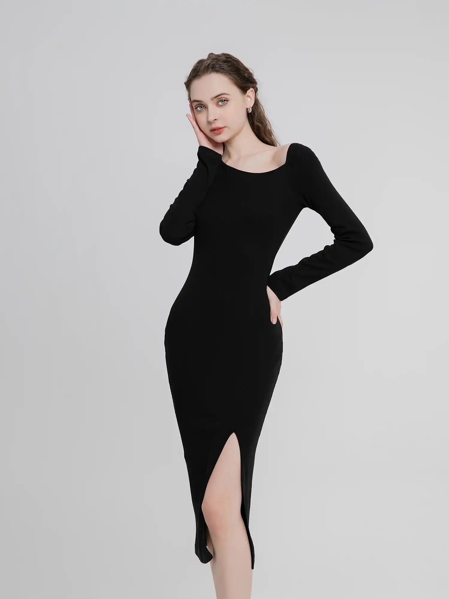 Slit Hem Slim Fit Long Sleeve Dress