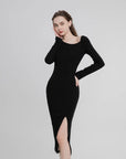 Slit Hem Slim Fit Long Sleeve Dress