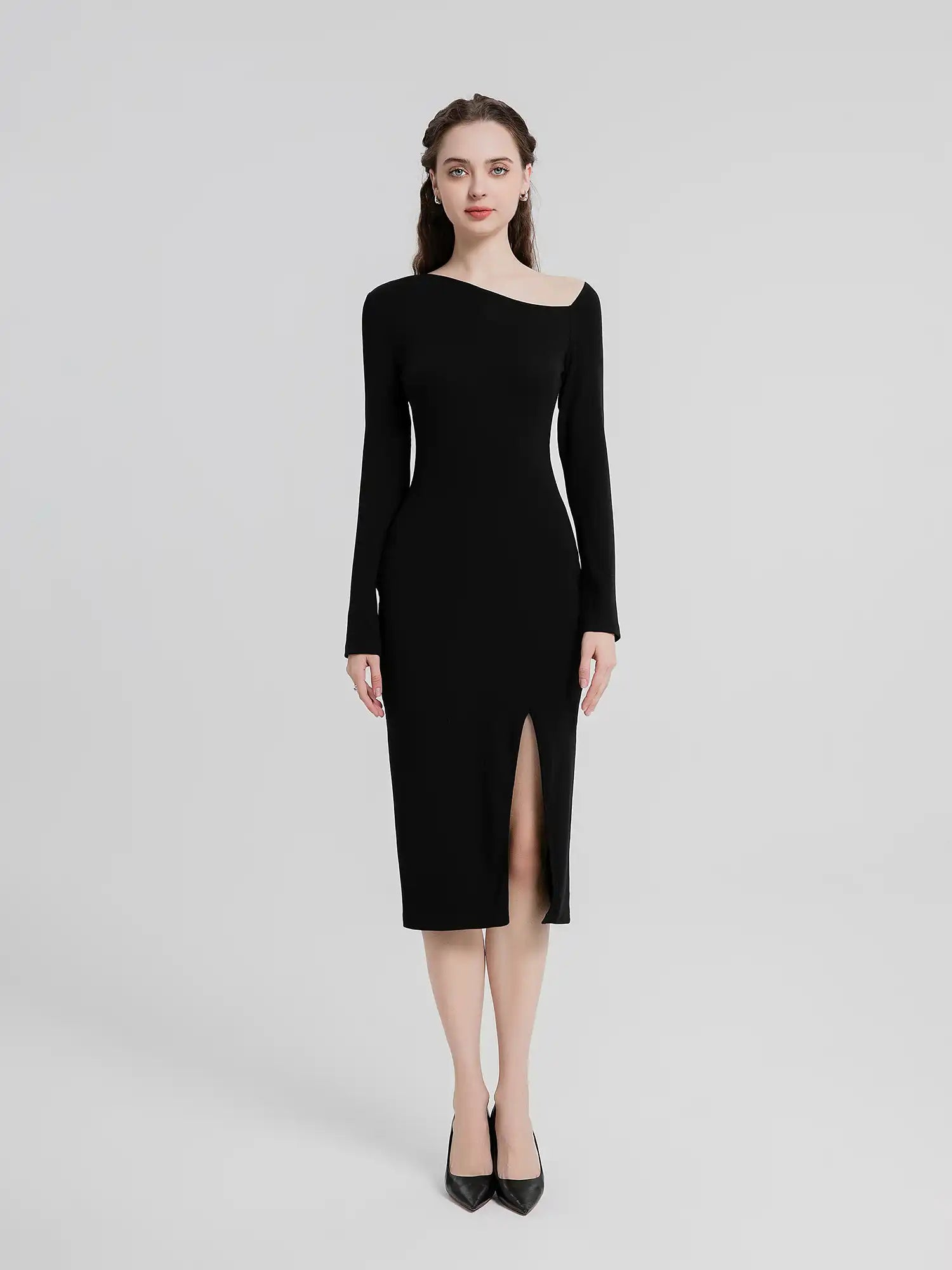 Slit Hem Slim Fit Long Sleeve Dress