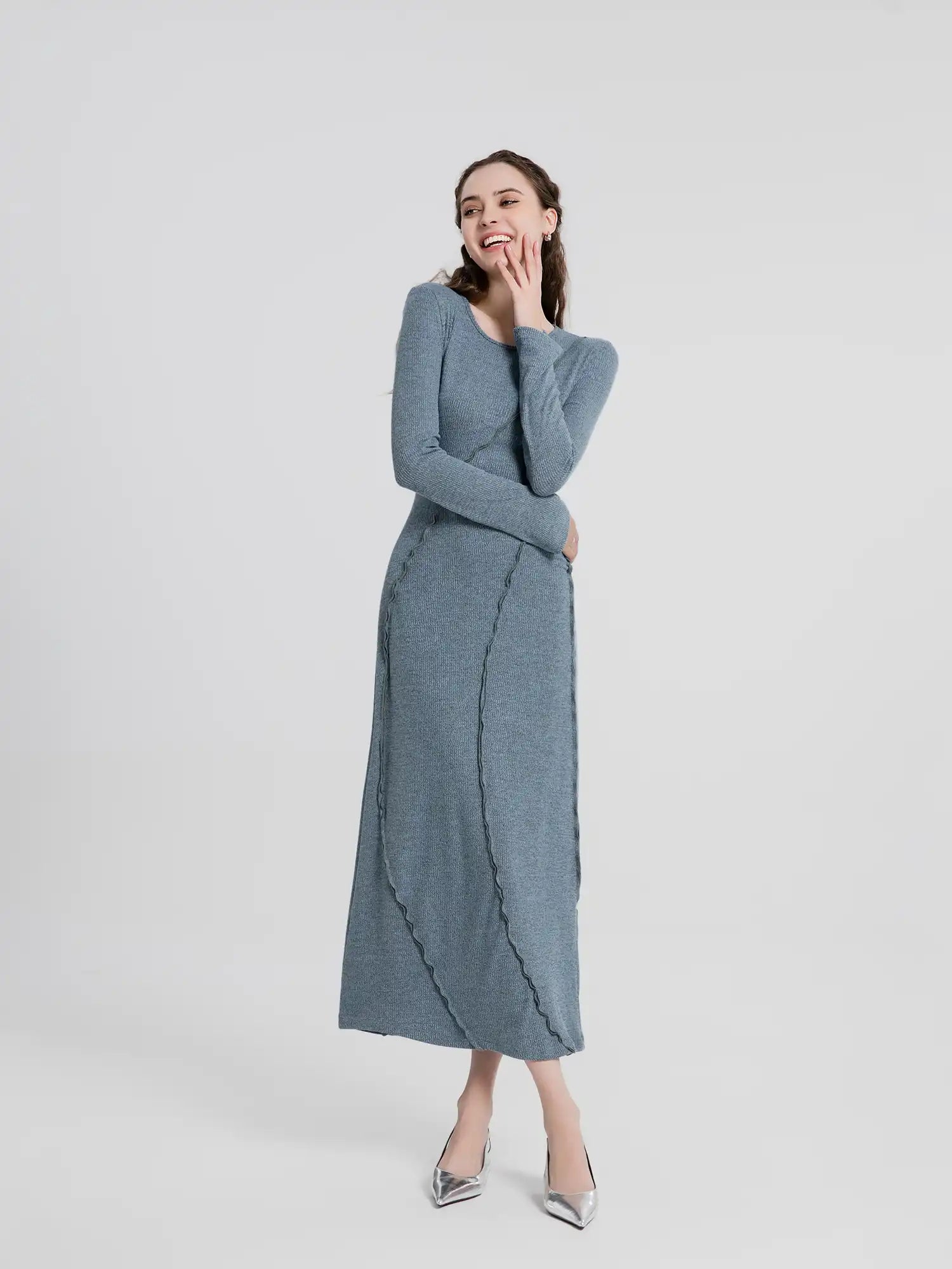 Round Neck Irregular Cu Long Sleeve Dress