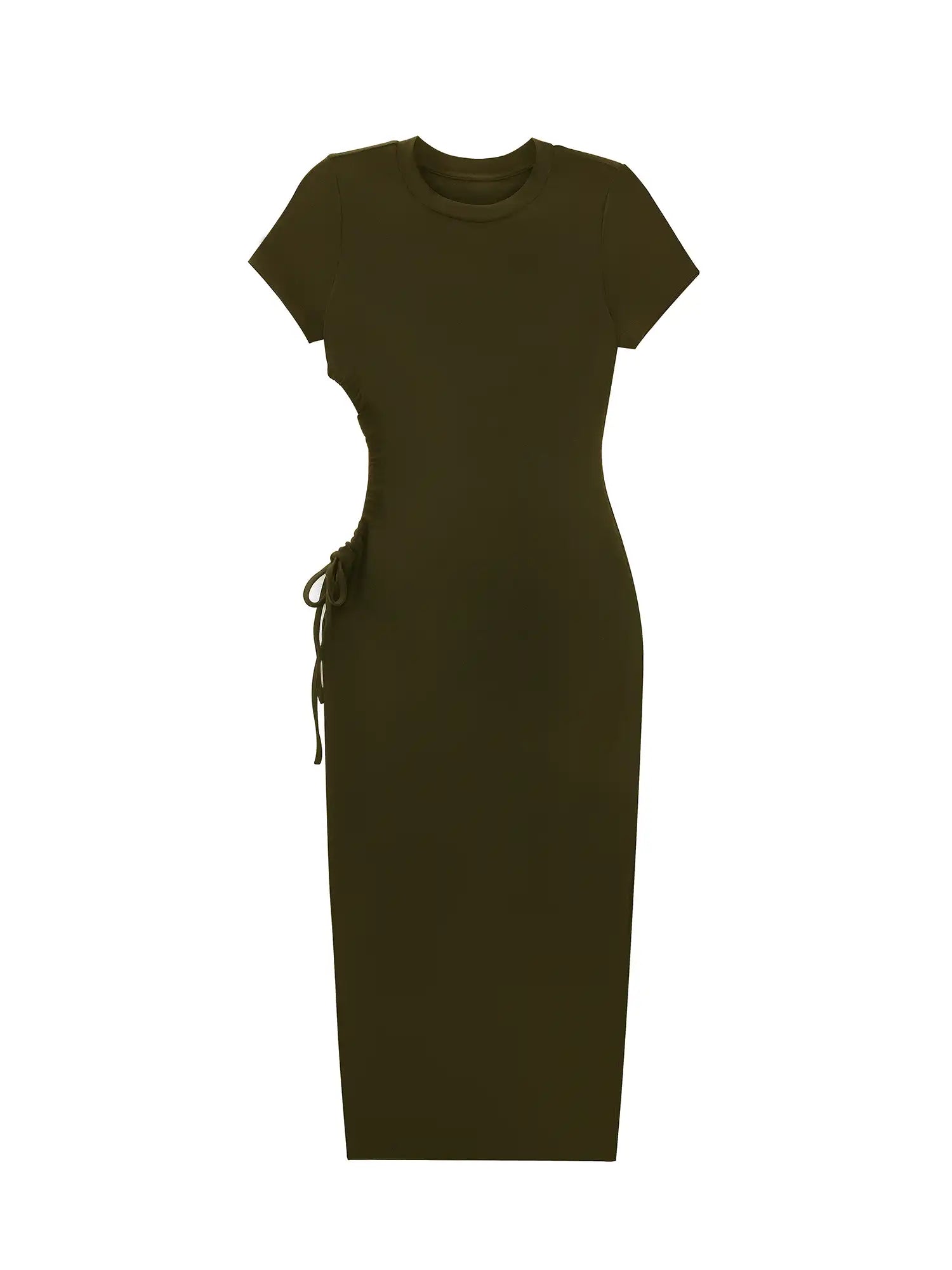 Round Neck Pleated Slit Side Short Sleeve Maxi Dress