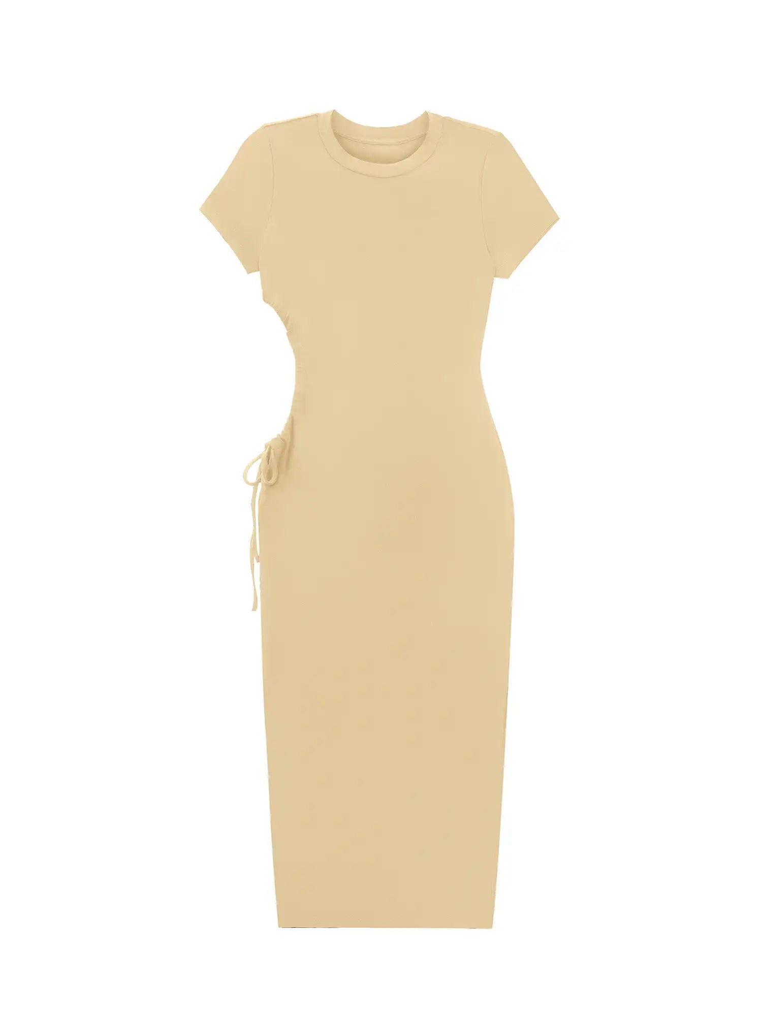 Round Neck Pleated Slit Side Short Sleeve Maxi Dress