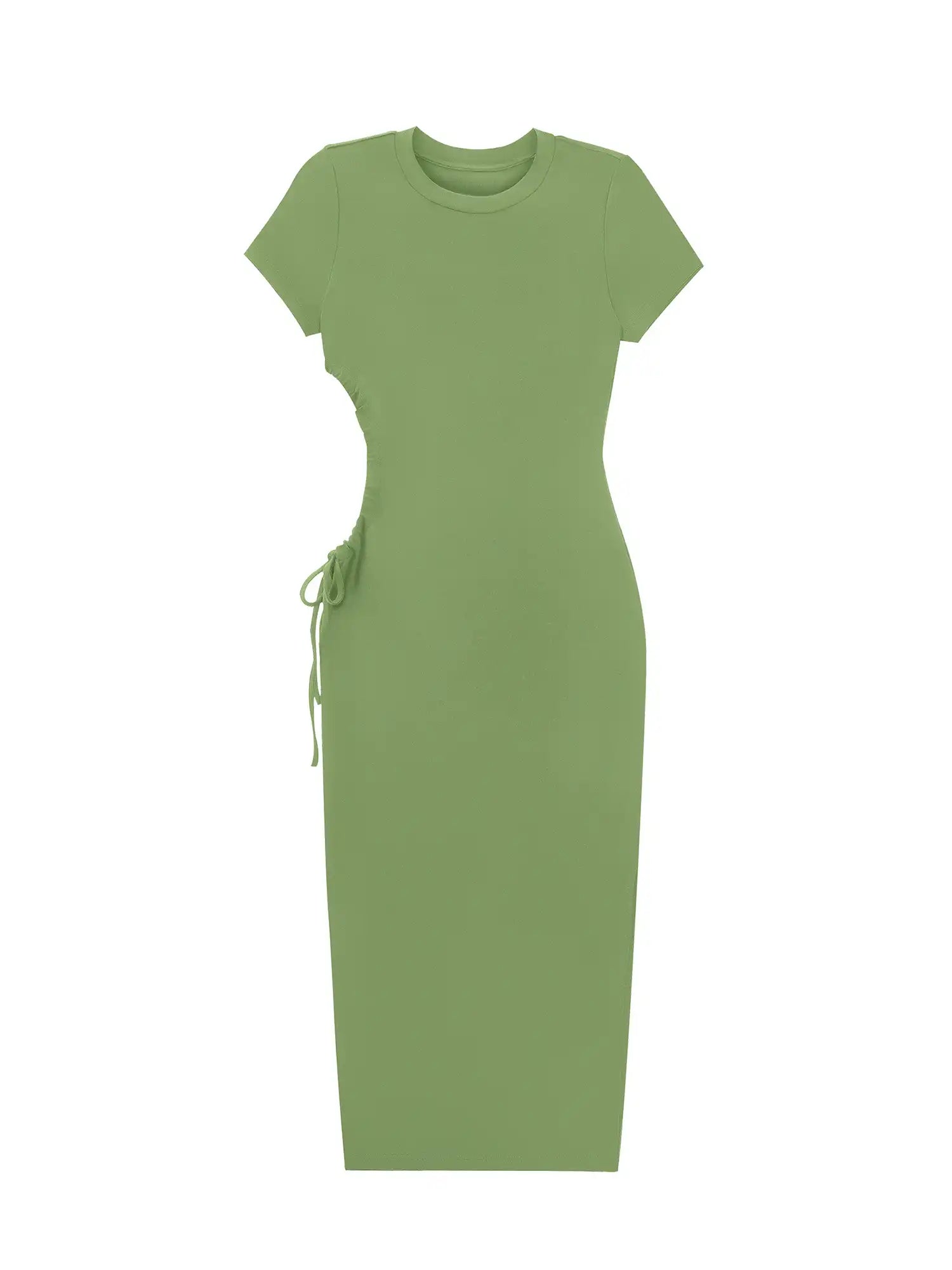 Round Neck Pleated Slit Side Short Sleeve Maxi Dress