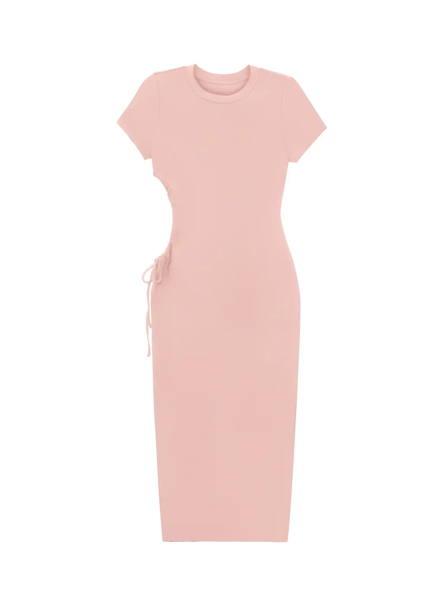 Round Neck Pleated Slit Side Short Sleeve Maxi Dress