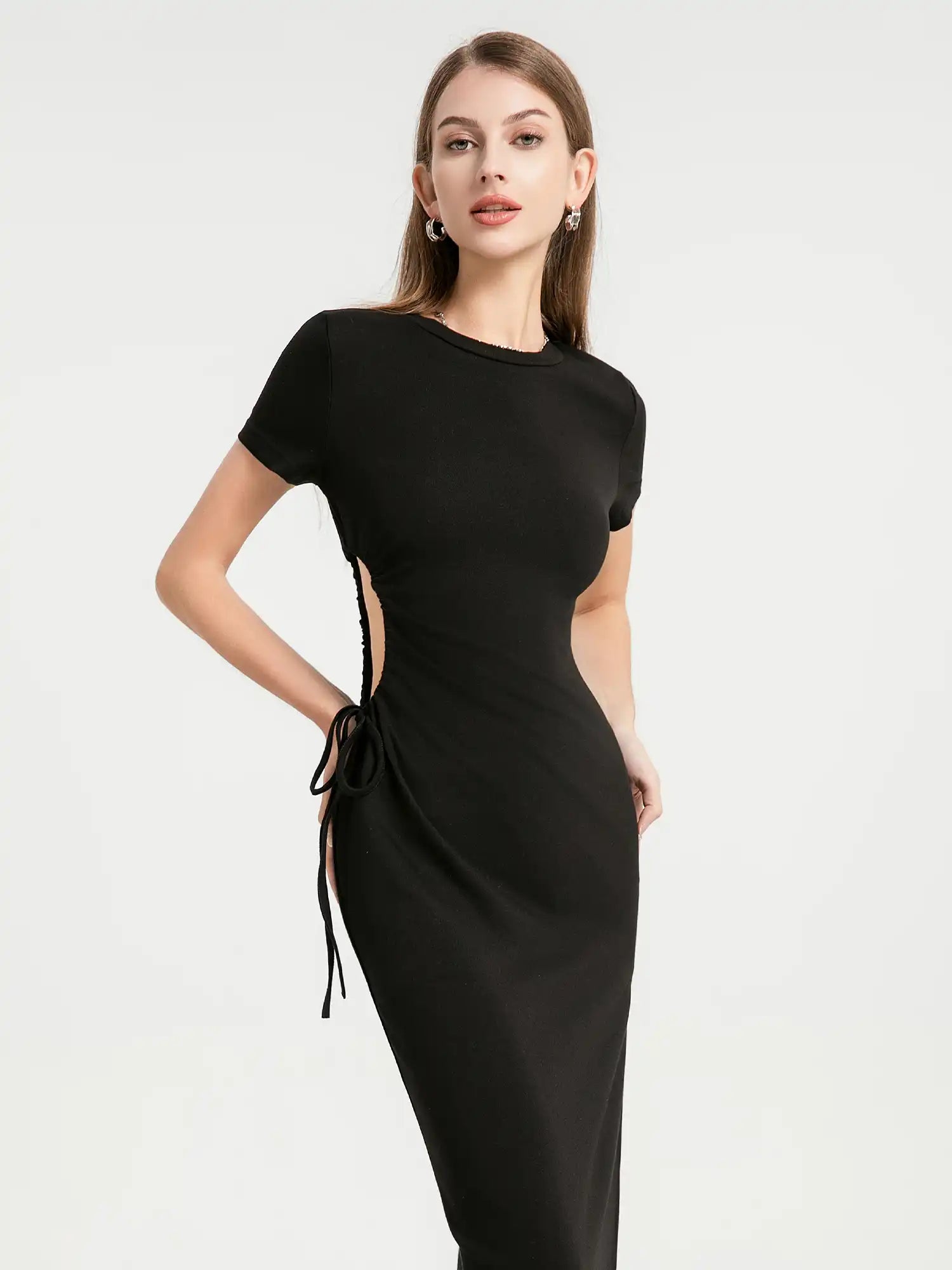 Round Neck Pleated Slit Side Short Sleeve Maxi Dress HAE-us Round Neck Pleated Slit Side Short Sleeve Maxi Dress HAE-us