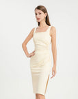 Icy Touch Ruched Side Square Neck Form Fitting Midi Dress