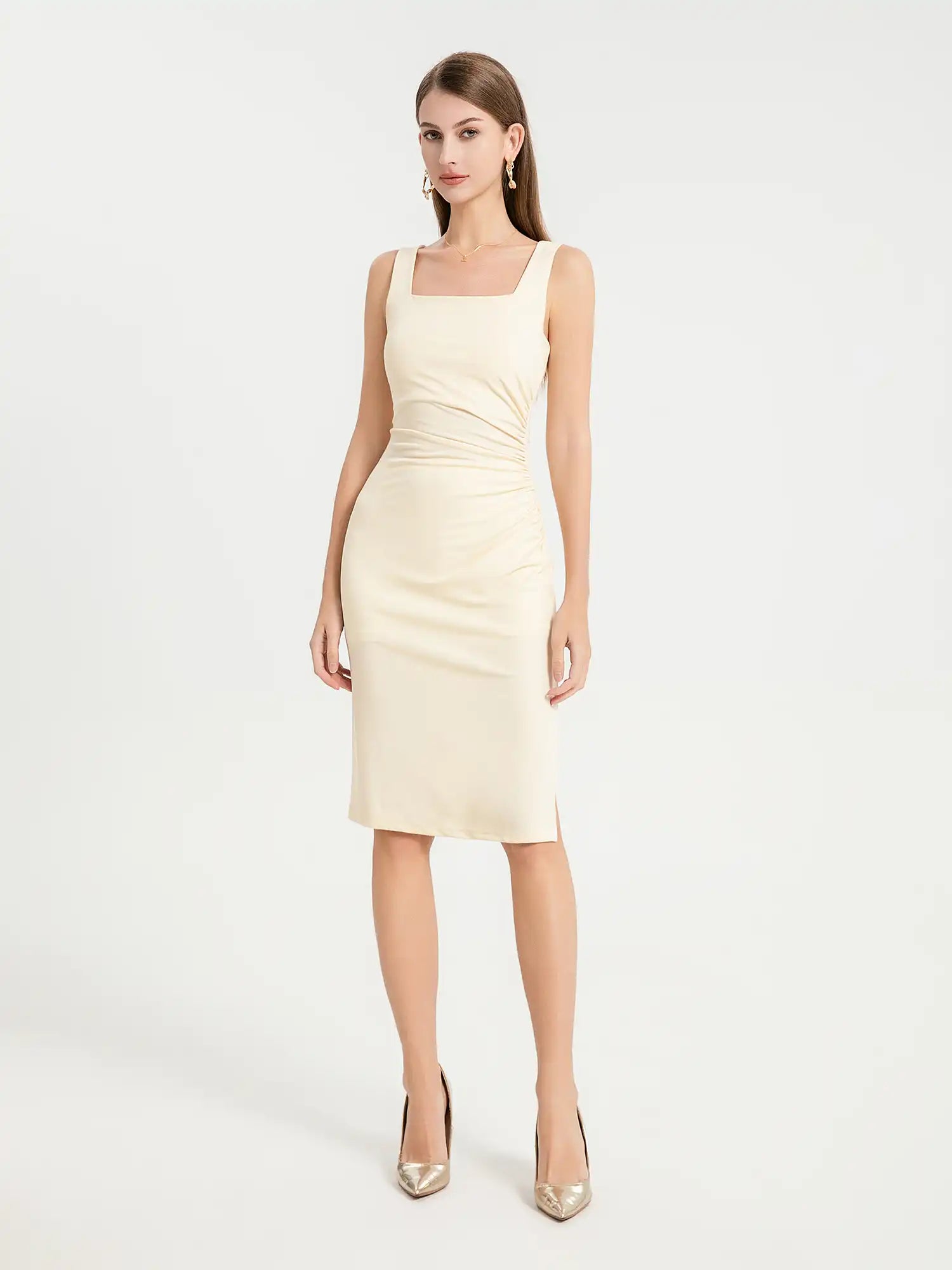 Icy Touch Ruched Side Square Neck Form Fitting Midi Dress