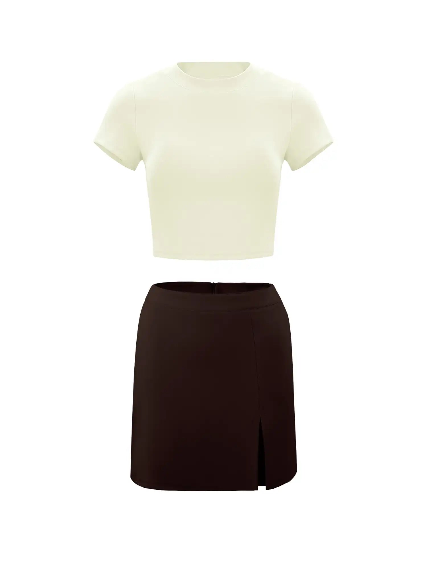 Roundneck Top & Mini Skirt Contrasting Color Casual Set
