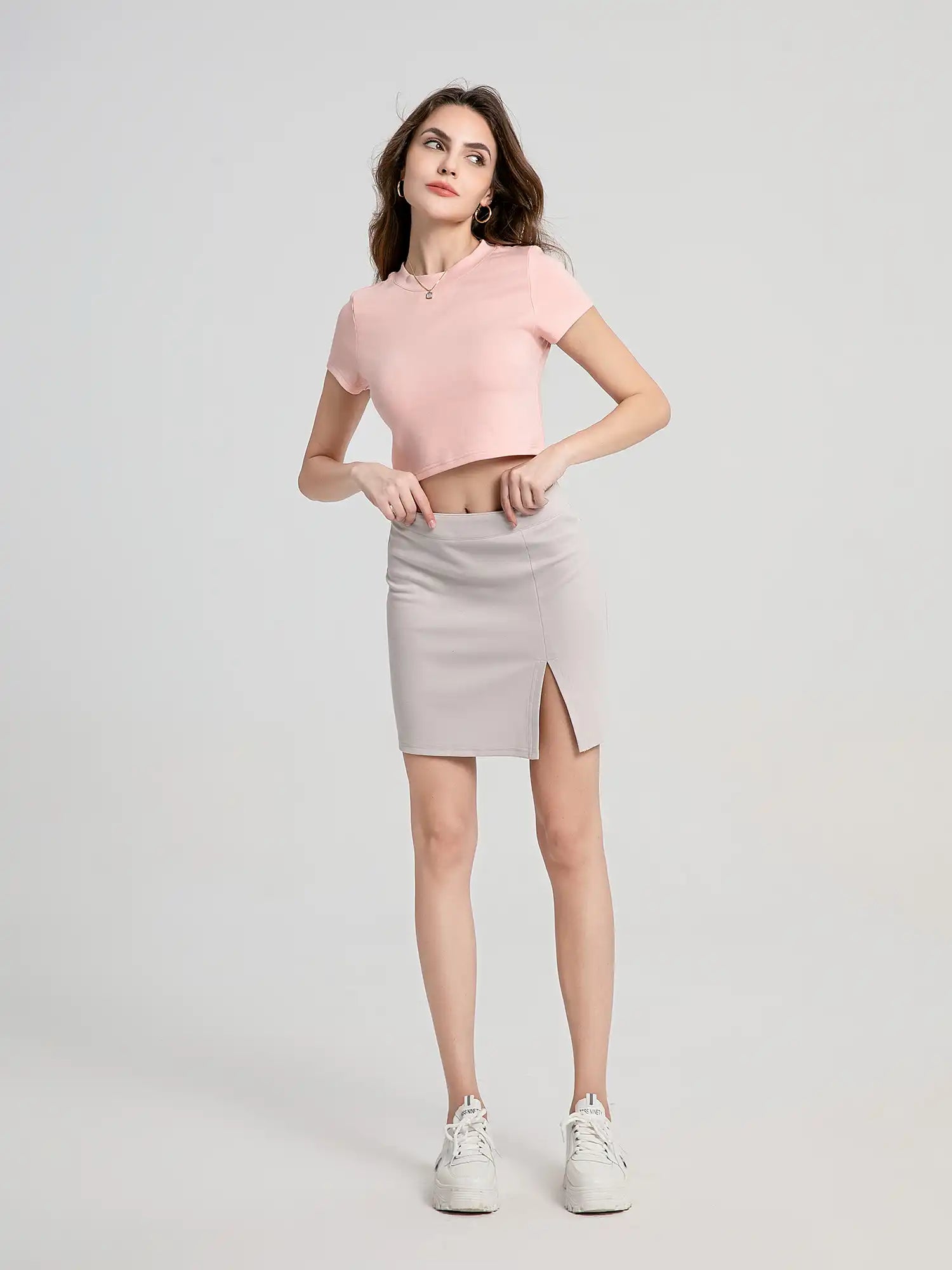 Roundneck Top & Mini Skirt Contrasting Color Casual Set