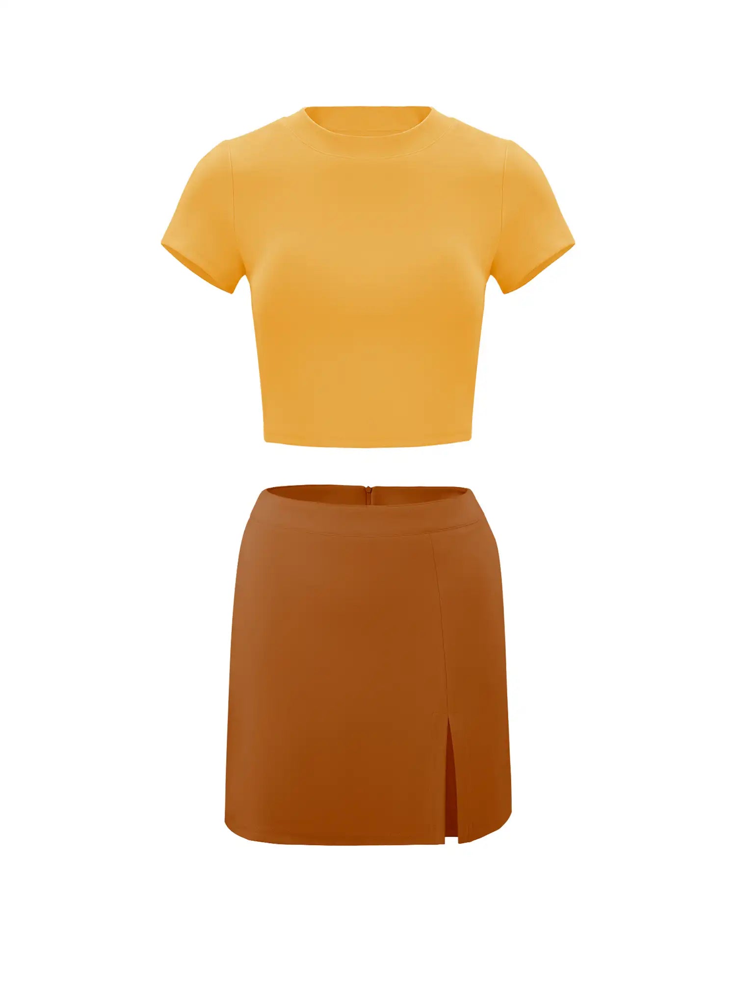 Roundneck Top & Mini Skirt Contrasting Color Casual Set