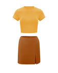 Roundneck Top & Mini Skirt Contrasting Color Casual Set