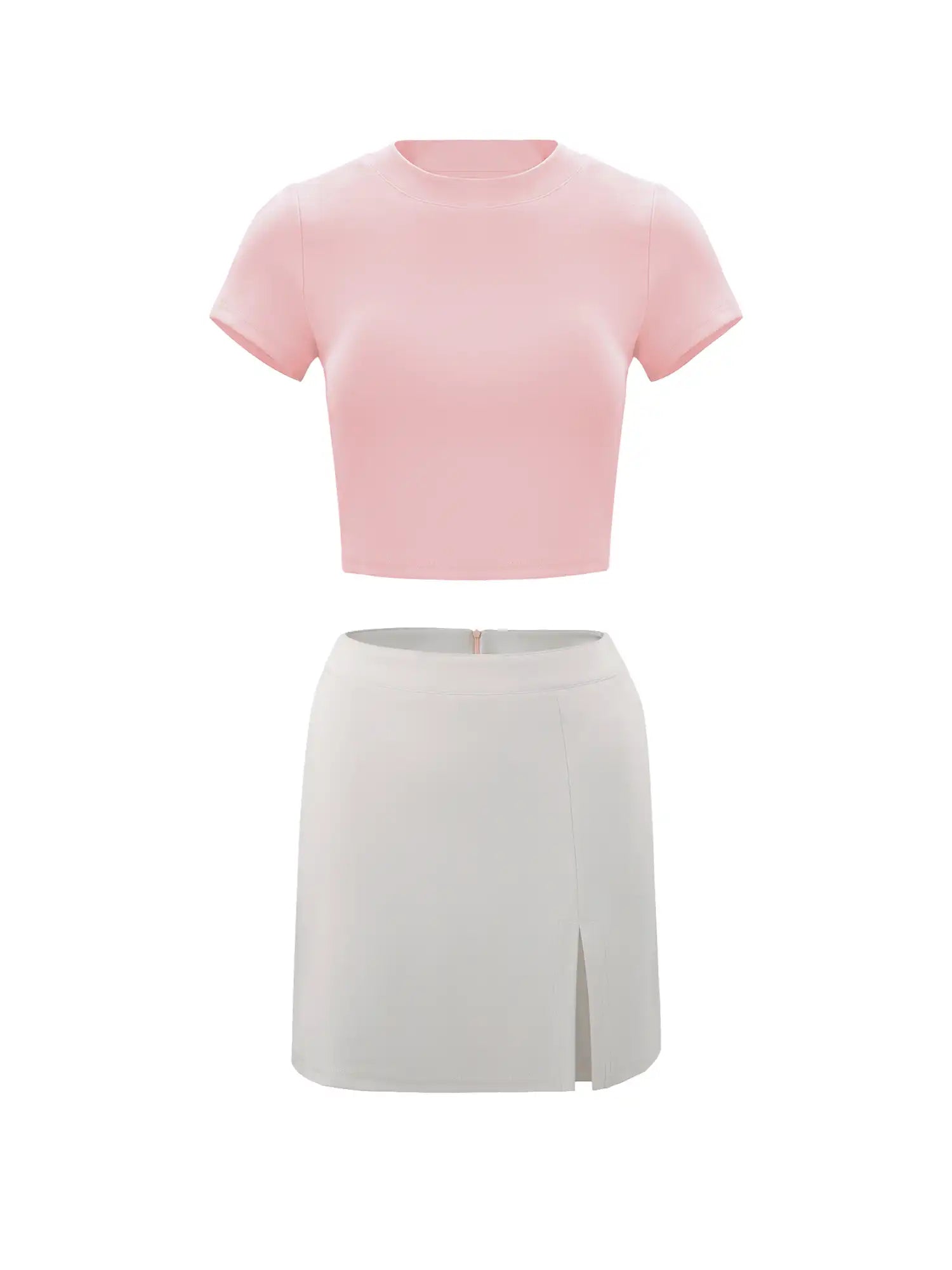 Roundneck Top & Mini Skirt Contrasting Color Casual Set