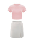 Roundneck Top & Mini Skirt Contrasting Color Casual Set